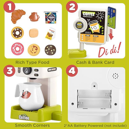 GAGAKU Toy Coffee Maker Machine and Cash Register Kit with Sound Light Kids Kitchen Pretend Play Sets Kitchen Appliances Toy for Boys Girls-Green