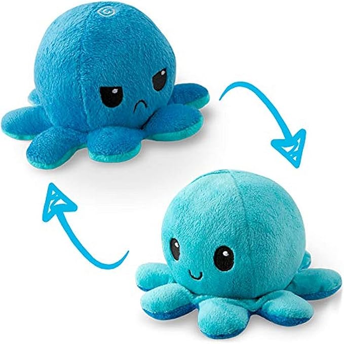TeeTurtle Reversible Octopus Plushie 4-Inch Angry Light + Dark Blue Two-Sided Flip Plush Toy with Embroidered Details - Cute Mini Collectible Plush for Kids, Teens, and Adults