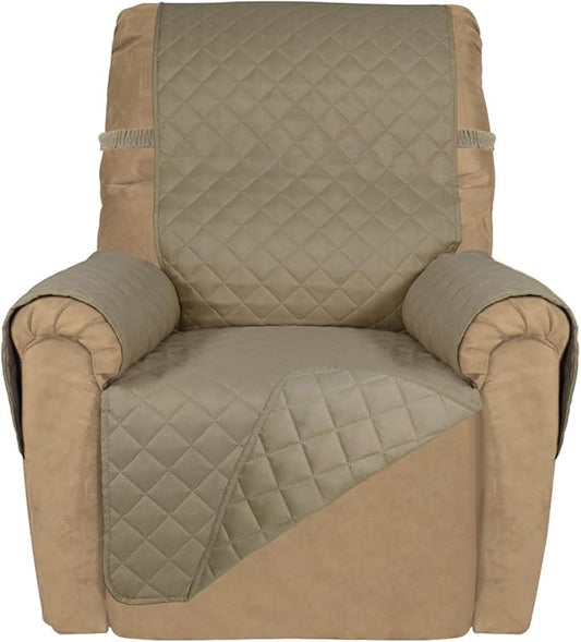 PureFit Reversible Quilted Sofa Cover, Water Resistant Slipcover Furniture Protector, Washable Couch Cover with Non Slip and Elastic Straps for Kids, Dogs, Pets (Small Recliner, Beige/Beige)