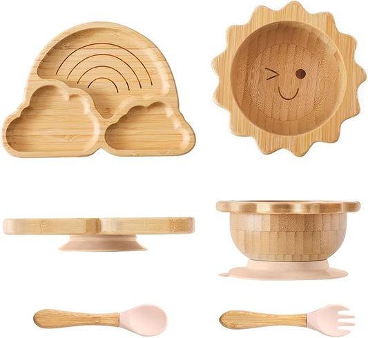 Bamboo Suction Plates Bowls Set for Baby Toddler Divided Platter Food bowl with Silicone Fork & Spoon All-Natural Baby Feeding Set for Baby-Led Weaning, Non-Slip Design