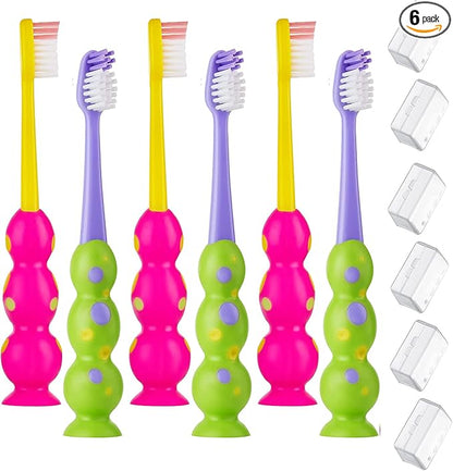 Kids Toothbrush 6 Pack - Soft Contoured Bristles - Child Sized Brush Heads (3-10 Year Old) - Suction Cup for Fun & Easy Storage - Girl & Boy Set (6-Pack, Green & Pink)