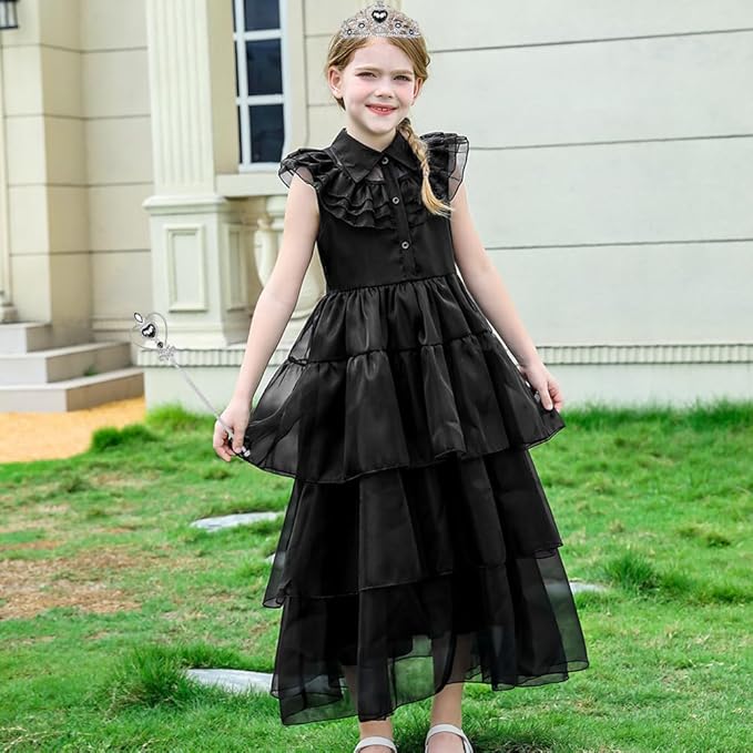 Girls Wednesday Costume Dress up Accessories for Girls Wednesday Gloves Tiara Crown Necklace Wand Earrings Bracelet Ring Kids Halloween Cosplay Accessories Christmas Gifts Set