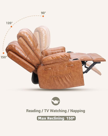 22'' Leather Recliner Chair for Adults, Overstuffed Manual Recliner Chair, Single Sofa with Cup Holder and Side Pockets, Upholstered Chair for Living Rooms, Vintage Leather