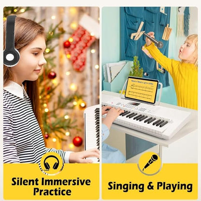 Vangoa Keyboard Piano 61 Key, Full Size Electric Piano Keyboard Light UP Keys with 3 Teaching Modes, Learning Music Keyboard Piano with Stand Headphones for Beginners, VGK6101 White