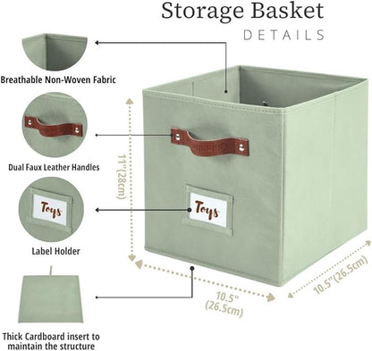DECOMOMO Storage Bins, Cube Storage Bin with Labels, Fabric Storage Cubes for Shelves (10.5" x 11" / 6pcs, Sage Green)