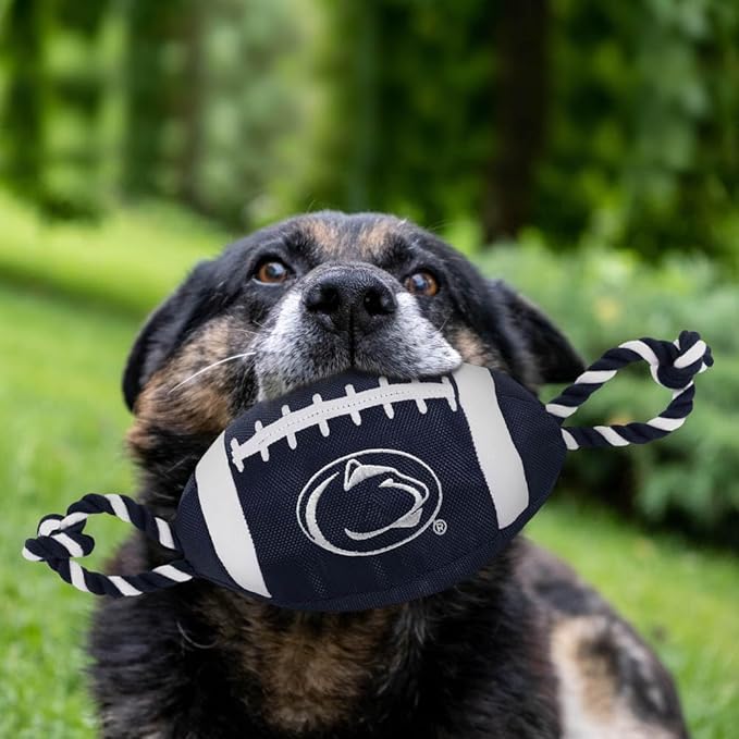 Pets First NCAA Penn State Nittany Lions Football Dog Toy, Tough Quality Nylon Materials, Strong Pull Ropes, Inner Squeaker, Collegiate Team Color