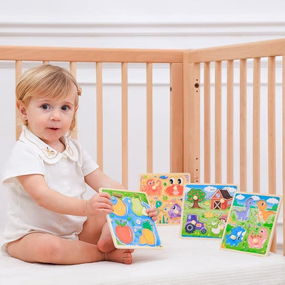 GRINNNIE Wooden Toddler Puzzles, 1 2 3 Years Old Learning Montessori Peg Puzzle Toy Set for Toddlers, 4 Pcs Educational Portable Size Travel Knob Puzzle Toys, Gift for 1-3 Boy Girl Birthday Christmas