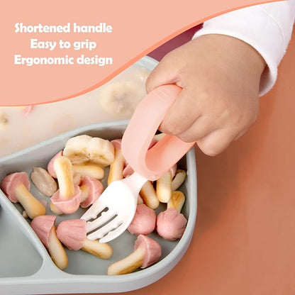 Baby Self Feeding Training Spoon and Fork Set with Travel Case, BPA-Free Cute Circle Toddler Training Utensils, Silicone/ABS Great Tableware Set Spoons Fork for Kids (Pink& Light Pink)