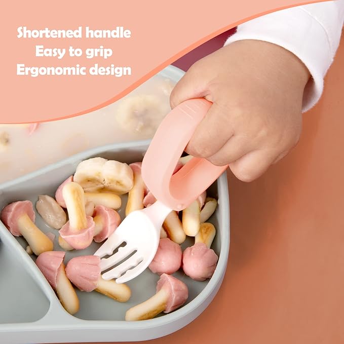 Baby Self Feeding Training Spoon and Fork Set with Travel Case, BPA-Free Cute Circle Toddler Training Utensils, Silicone/ABS Great Tableware Set Spoons Fork for Kids (Pink& Light Pink)