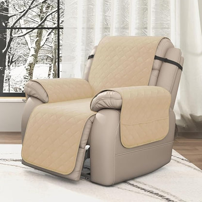 CHUN YI Recliner Chair Cover, Non-Slip Recliner Covers That Stay in Place, Washable Lazy Boy Recliner Covers with Pockets, Water Resistant Recliner Slipcover for Pets (Sand, Small Recliner)