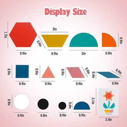 USATDD 180 Pcs Wooden Tangrams Pattern Blocks Set Geometric Manipulative Shape Puzzle Kindergarten Classic Educational Montessori Toys for Kids Toddlers Ages 4-8 with 24 Pcs Flash Cards