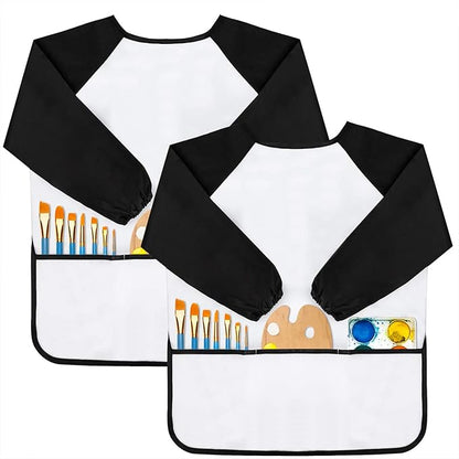 Kids Art Smocks, Painting Apron Artist Smock with Sleeve and 3 Pockets 2 Pack Black/White Set