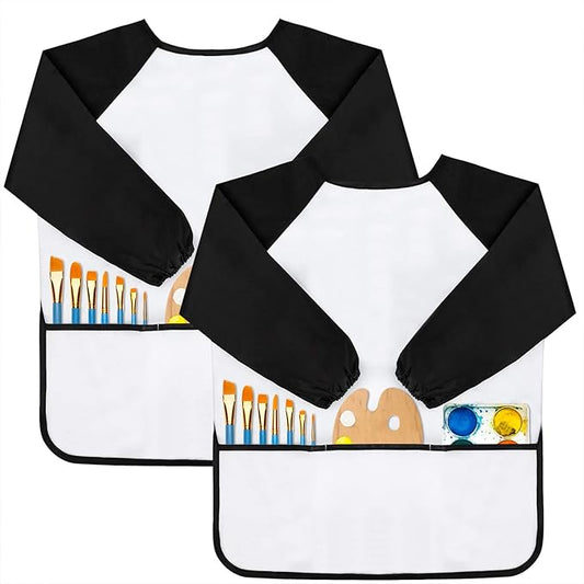 Kids Art Smocks, Painting Apron Artist Smock with Sleeve and 3 Pockets 2 Pack Black/White Set