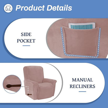 WEERRW Velvet Recliner Chair Cover 1 Piece High Stretch Recliner Couch Cover, Washable Furniture Protector with Non Slip Elastic Bottom for Kids and Pets, Blush Pink