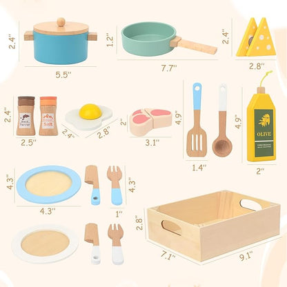 Wooden Play Kitchen Accessories for Toddlers, Kids Pretend Play Pots and Pans Food Dishes Utensils Cooking Toy Set, 20 Pieces Montessori Kitchen Tools Gifts for Boys Girls Ages 3 4 5 6 Years Old