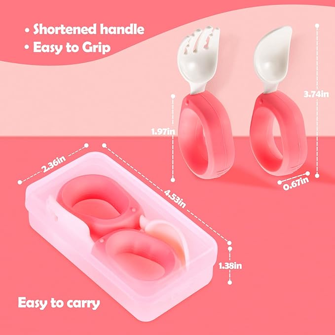 Baby Self Feeding Training Spoon and Fork Set with Travel Case, BPA-Free Cute Circle Toddler Training Utensils, Silicone/ABS Great Tableware Set Spoons Fork for Kids(Yellow)