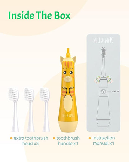 NELL&WELL Kids Electric Toothbrush, 2-Min Timer, 3 Modes with Memory, IPX 7 Waterproof, Battery Powered Kids Toothbrush with 3 Soft Bristles Heads for Children Boys and Girls Ages 3+
