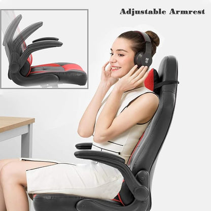 BestOffice PC Gaming Chair Ergonomic Office Chair Desk Chair with Lumbar Support Flip Up Arms Headrest PU Leather Executive High Back Computer Chair for Adults Women Men (Red)