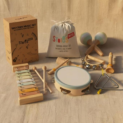 Stoie's Wooden Toddler Musical Instruments with Xylophone, Maracas, Triangle, Tamburine for Babies and Kids, Eco Friendly Montessori Educational Toy