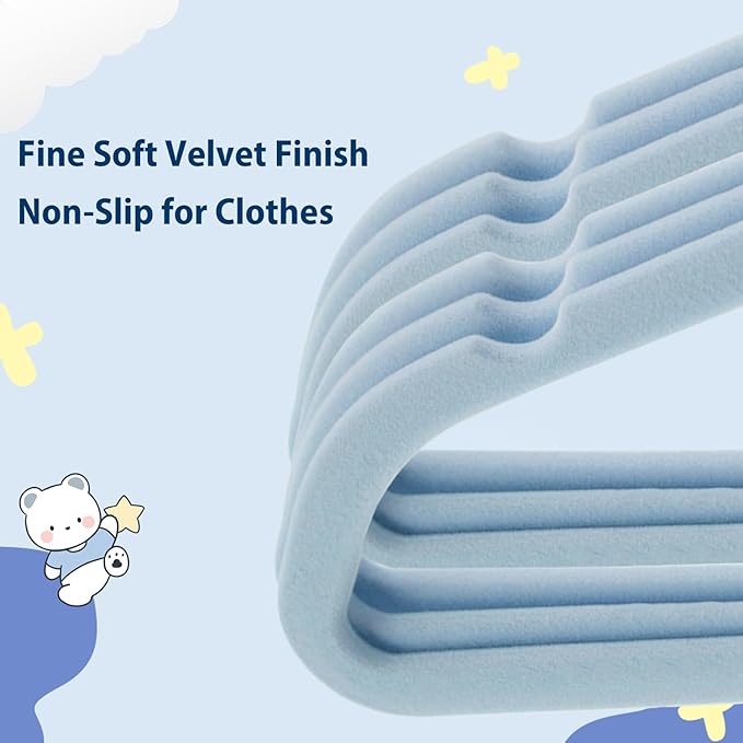 Baby Velvet Hangers, 52 Packs Kids Clothes Hangers, Non-Slip Childrens Hangers with Shoulder Notches, Storage Organizer Clothing Hangers for Infant and Toddler Blue (Rose Gold Hook)