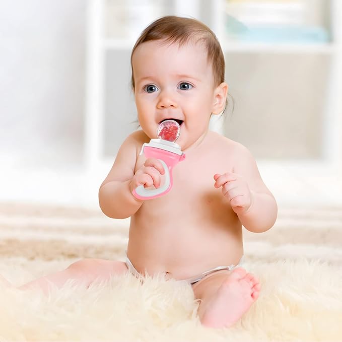 Baby Fruit Feeder with Mini Freezer Tray, Baby Teethers, Breastmilk Popsicle Molds for Baby Teething Relief, Silicone Fresh Food Feeder for Safe Infant Self Feeding (Candy Pink)