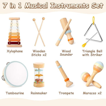 Baby Musical Instruments, Montessori Musical Toys for Toddler Neutral Colors Wooden Toys Percussion Instruments Set with Modern Boho Xylophone Birthday Easter Gifts for Kids Preschool Educational