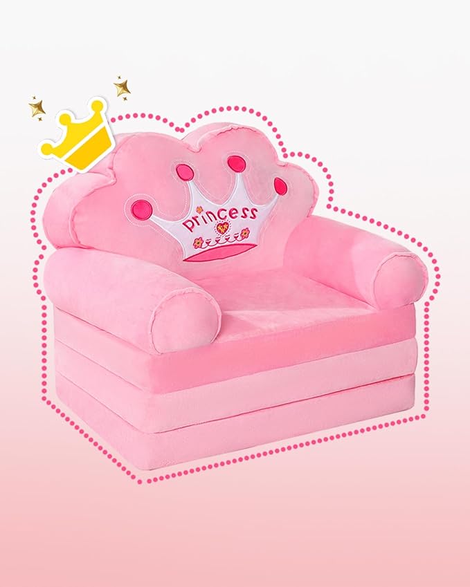 MOONBEEKI Kids Foldable Sofa Bed, Princess Chair for Toddlers 1-3, Pink Cartoon Shape, High Density Foam, Fold Out Couch for Bedroom, Sofa Bed for Girls, 15.1x19.7x2.4 inches, 4.4 lbs