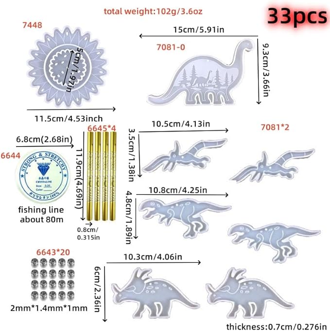 DIY Dinosaur Wind Chime Resin Mold Set, 33-Piece Kit with T-Rex and Triceratops Designs, Dinosaur Wind Chime Making Tools, Bedroom and Living Room Decorations, epoxy Resin Silicone molds