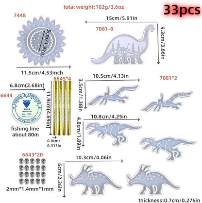 DIY Dinosaur Wind Chime Resin Mold Set, 33-Piece Kit with T-Rex and Triceratops Designs, Dinosaur Wind Chime Making Tools, Bedroom and Living Room Decorations, epoxy Resin Silicone molds