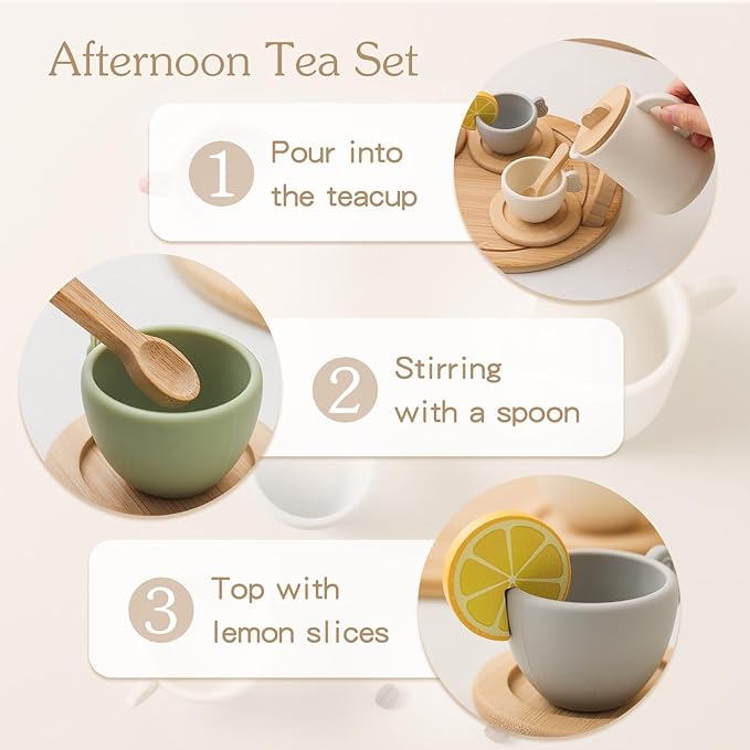 Tea Party Set for Kids, Wooden Tea Set for Little Girls and Boys, Kids Play Kitchen Accessories Toy Dishwasher Safe Tea Set for Toddler, Pretend Play Toddler Tea Set 3-5 Ideal Christmas Birthday Gift