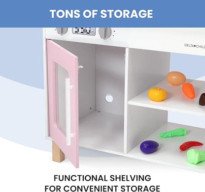 Delta Children Tiny Chef Play Kitchen - Toy Kitchen Playset with Realistic Knobs That Turn/Click, Oven, Sink, Microwave and 15 Pieces of Play Food, Pink