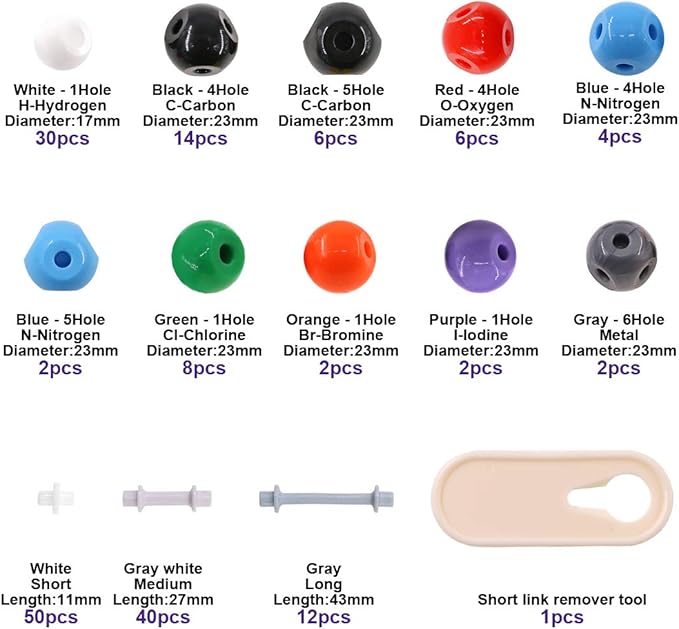 Swpeet 179 Pcs Organic Chemistry Molecular Model Student and Teacher Kit, Chemistry Molecular Model Student and Teacher Set - 76 Atoms & 102 Links & 1 Short Link Remover Tool