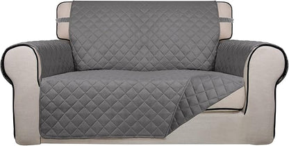 PureFit Reversible Quilted Sofa Cover, Water Resistant Medium Slipcover Furniture Protector, Washable Couch Cover with Non Slip Foam and Elastic Straps for Kids, Dogs, Pets (Loveseat, Gray/Gray)