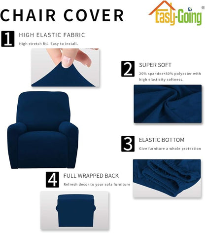 Easy-Going 4 Pieces Microfiber Stretch Recliner Slipcover – Spandex Soft Fitted Sofa Couch Cover, Washable Furniture Protector with Elastic Bottom for Kids, Pet(Recliner, Navy)
