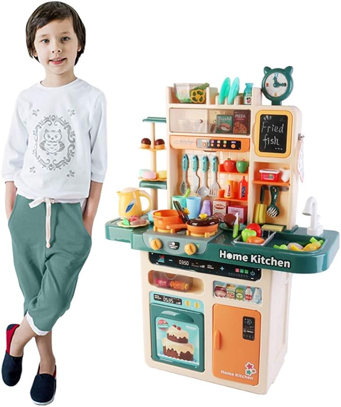 deAO My Happy Little Chef Kitchen 80 Pieces Pretend Play Set with Multi-Functional Button Panel, Light, Sound, Real Steam Functions and Colour Changing Accessories Included(Blue)