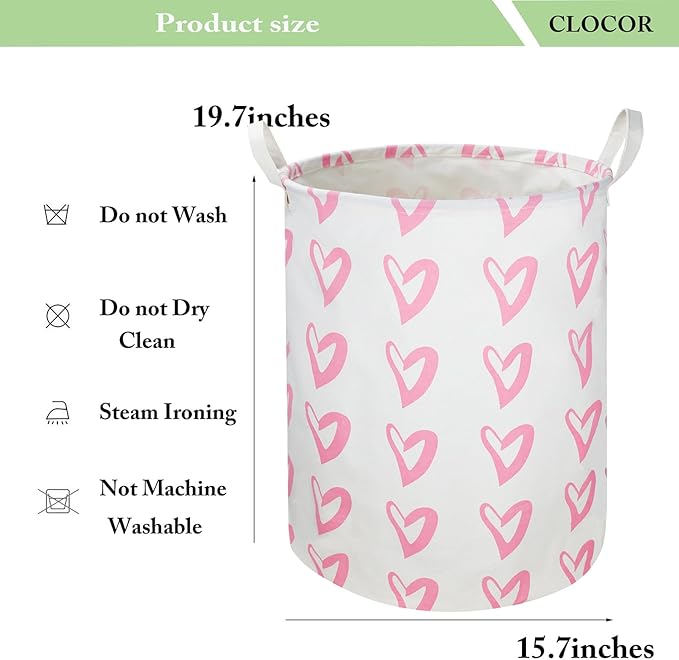 CLOCOR Pink Laundry Basket,Waterproof Baby Girls Nursery Hamper, Girls' Room Decor,Kids Toys Storage Bin,Gift Basket（Pink Heart