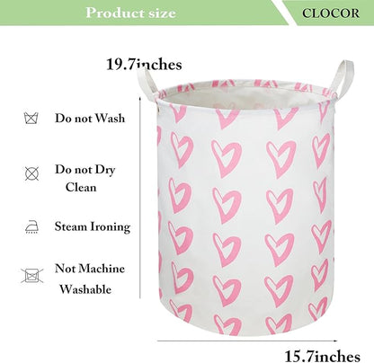 CLOCOR Pink Laundry Basket,Waterproof Baby Girls Nursery Hamper, Girls' Room Decor,Kids Toys Storage Bin,Gift Basket（Pink Heart