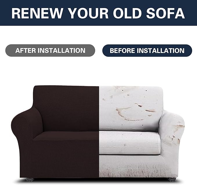 2025 New Stretch Loveseat Sofa Slipcovers Couch Cover for 2 Cushion Furniture Protector Sofa Covers with Elastic Bottom Jacquard Fabric Small Checks for Pets, Kids - Chocolate