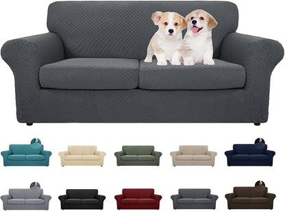 MAXIJIN 3 Piece Stretch Couch Covers for 2 Cushion Couch Sofa Slipcovers with 2 Extra Large Seat Cushion Couch Jacquard Loveseat Sofa Couch Cover for Dogs (2 Cushion Sofa, Dark Gray)