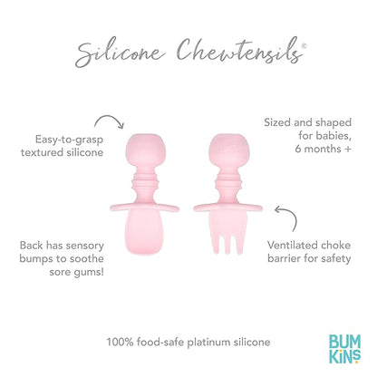 Bumkins Baby Utensils Set, Chewtensils Silicone Spoons for Dipping, Self-Feeding, Baby Led Weaning, Trainer Learning, First Stage Eating, Soft Practice Fork and Spoon, Babies 6 Months, Pink