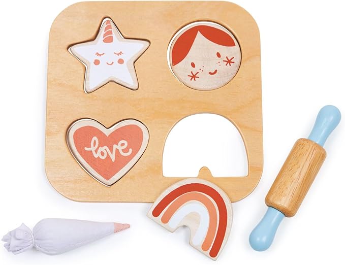 Mentari Toys - Cookie Cutting Set - 7pc Wooden Cookie Play Food Set with Accessories - Pretend Play Cookies and Baking for Toddlers - Shape Sorting Imaginative Play Set for Toddlers - Age 2+