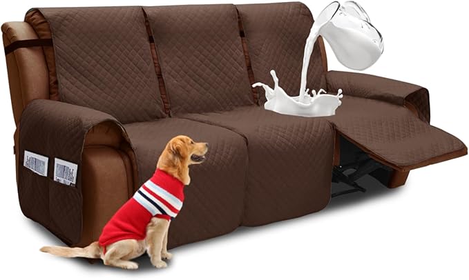XINEAGE Water Resistant Recliner Cover, 3 seat Recliner Sofa Covers with Pockets, Quilted Thick Recliner Protector Cover for Dog Pets with Non Slip Backing and Strap (Recliner Sofa, Coffee)