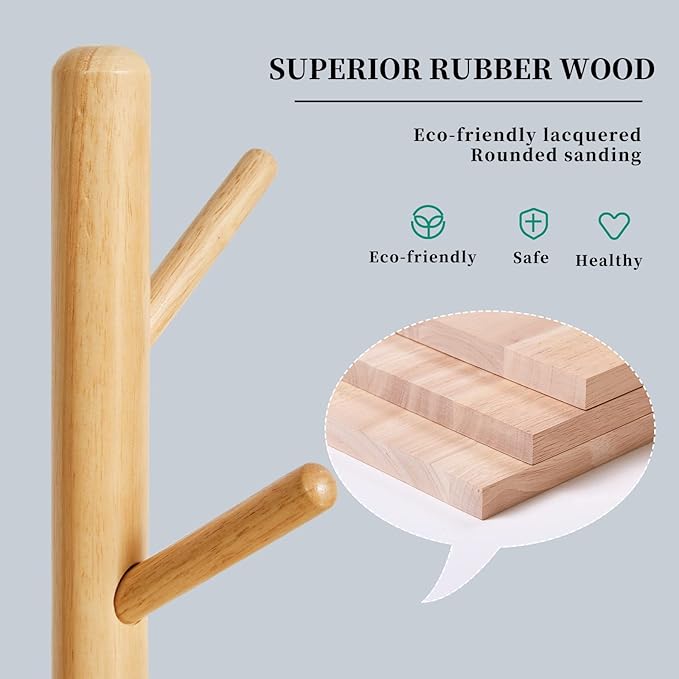 Wooden Coat Rack, Free Standing Coat Stand with 8 Hooks and 3 Height Options, Sturdy Kids Coat Tree Easy to Assemble, for Entryway Home Office Jackets Hat Purse Natural YD-1010