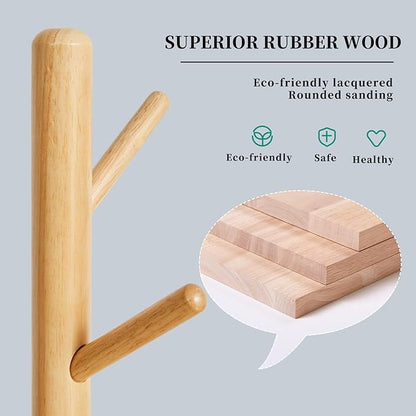 Wooden Coat Rack, Free Standing Coat Stand with 8 Hooks and 3 Height Options, Sturdy Kids Coat Tree Easy to Assemble, for Entryway Home Office Jackets Hat Purse Natural YD-1010