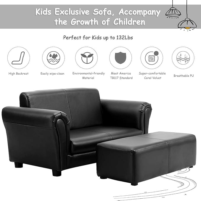 Costzon Kids Couch with Footstool, 2 in 1 Double Seat Children's Sofa w/PU Leather Surface, Armrest Chair Lounge, Soft Kids Sofa for Preschool Bedroom Kids Room Toddlers Boys Girls Birthday (Black)