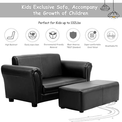 Costzon Kids Couch with Footstool, 2 in 1 Double Seat Children's Sofa w/PU Leather Surface, Armrest Chair Lounge, Soft Kids Sofa for Preschool Bedroom Kids Room Toddlers Boys Girls Birthday (Black)