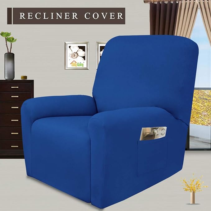 Easy-Going 4 Pieces Microfiber Stretch Recliner Slipcover – Spandex Soft Fitted Sofa Couch Cover, Washable Furniture Protector with Elastic Bottom for Kids, Pet(Recliner, Classic Blue)