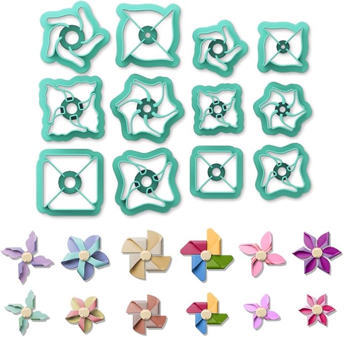 ORIGACH 12 Pcs Pinwheel Polymer Clay Cutters， Pinwheel Design Clay Cutters for Polymer Clay Jewelry Earrings with a Clear Storage Box