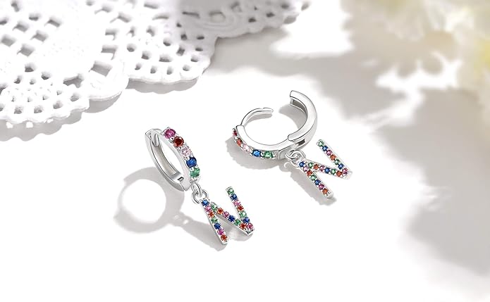 Presentski Initial Earrings 925 Sterling Silver Colorful Huggie Small Hoop Earrings Rainbow CZ Drop Dangle Simple Alphabet Earrings S925 Hypoallergenic Earring Letter A-Z for Daughter Women