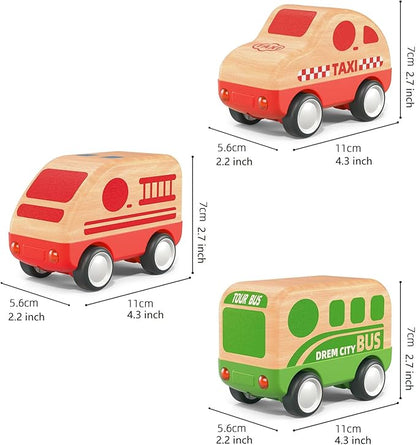 3pcs Wooden Toys Cars, Taxi, Fire Truck, City Bus, Educational Toy, Early Learning for Toddlers, Colorful Vehicles Play Set for 2 3 Year Old Boys Girls Christmas Birthday Gift